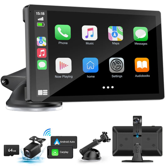 9" Wireless CarPlay Screen with 4K Dash Cam, 1080p Backup Camera, GPS Navigation & Bluetooth