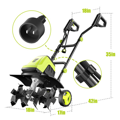 Tiller Cultivator 15-Amp Electric Tiller Cultivator | 18” Wide, 9” Deep, Heavy-Duty Steel Tines