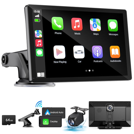 9" Wireless Apple CarPlay Screen with 4K Dash Cam, 1080p Backup Camera, GPS Navigation, Mirror Link & Bluetooth