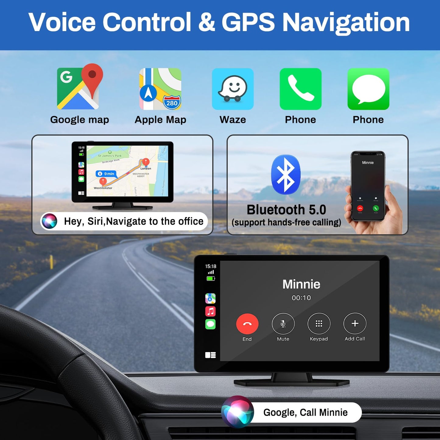 9" Wireless CarPlay Screen with 4K Dash Cam, 1080p Backup Camera, GPS Navigation & Bluetooth