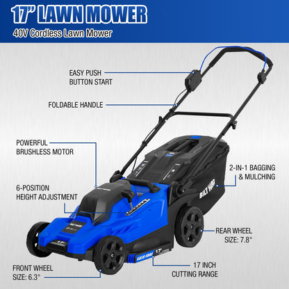 40V Cordless Lawn Mower Set | 17” Brushless Mower, Trimmer & Blower with 3 Batteries"