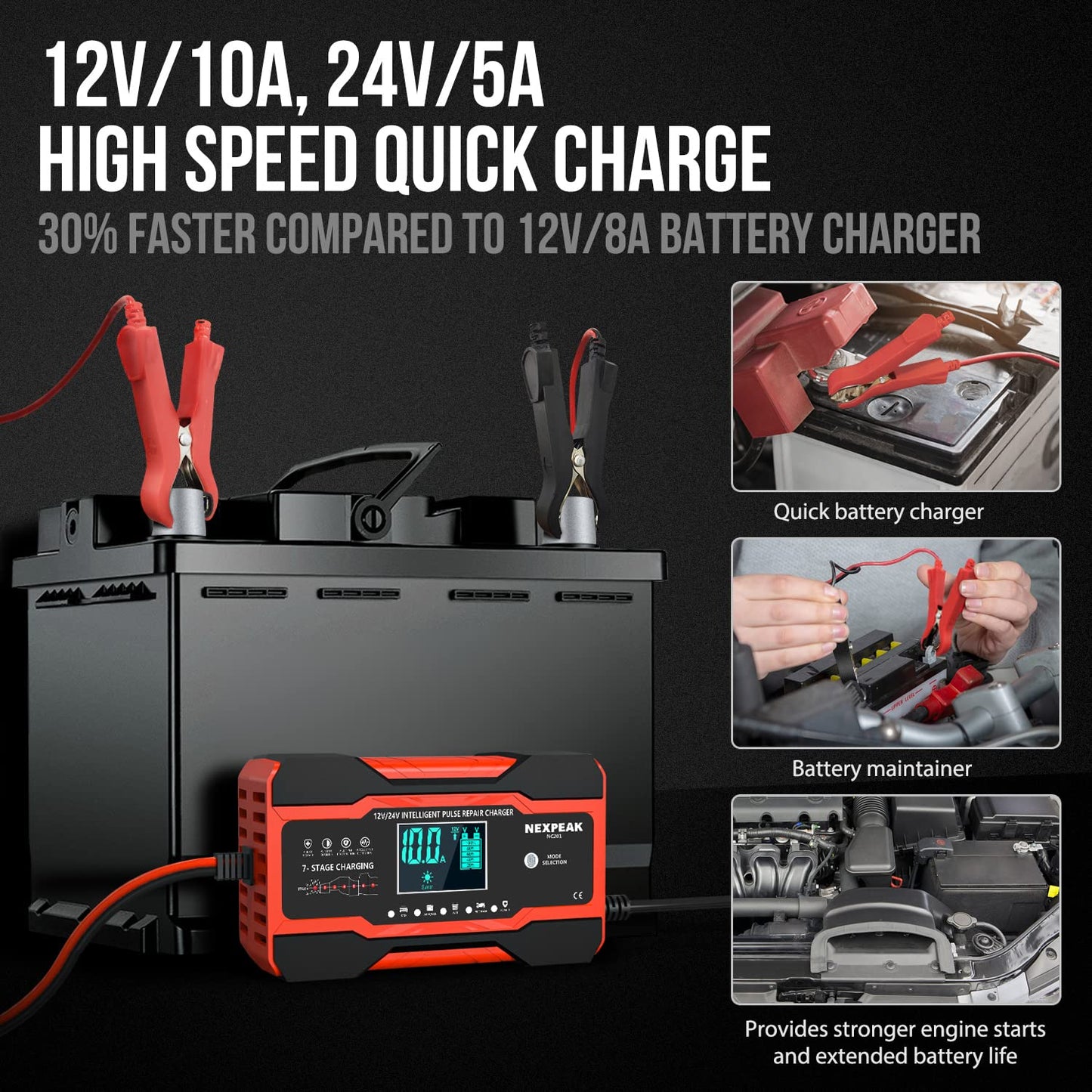 NC201 10A Smart Battery Charger | 12V/24V Automatic Maintainer & Desulfator