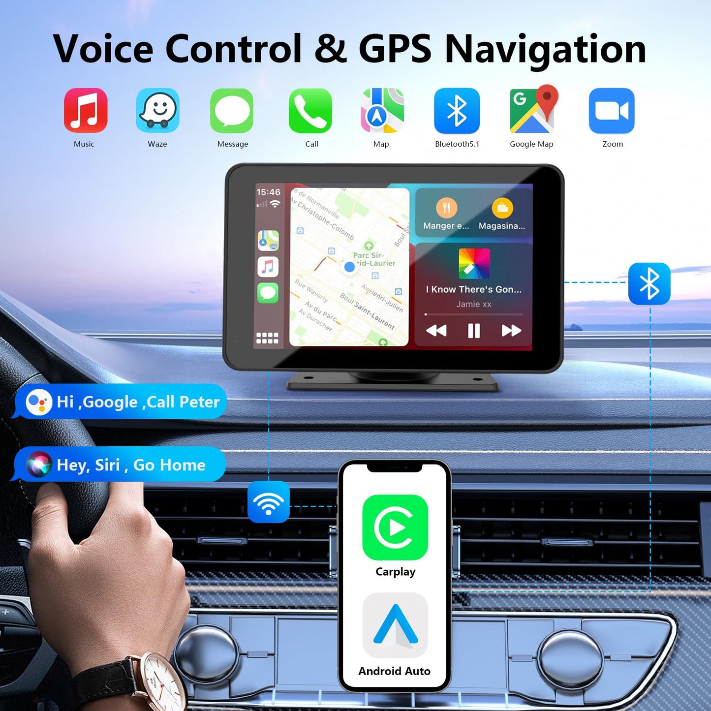 HD Apple CarPlay Screen 7" – Wireless Connectivity, Backup Camera, GPS, Bluetooth & More