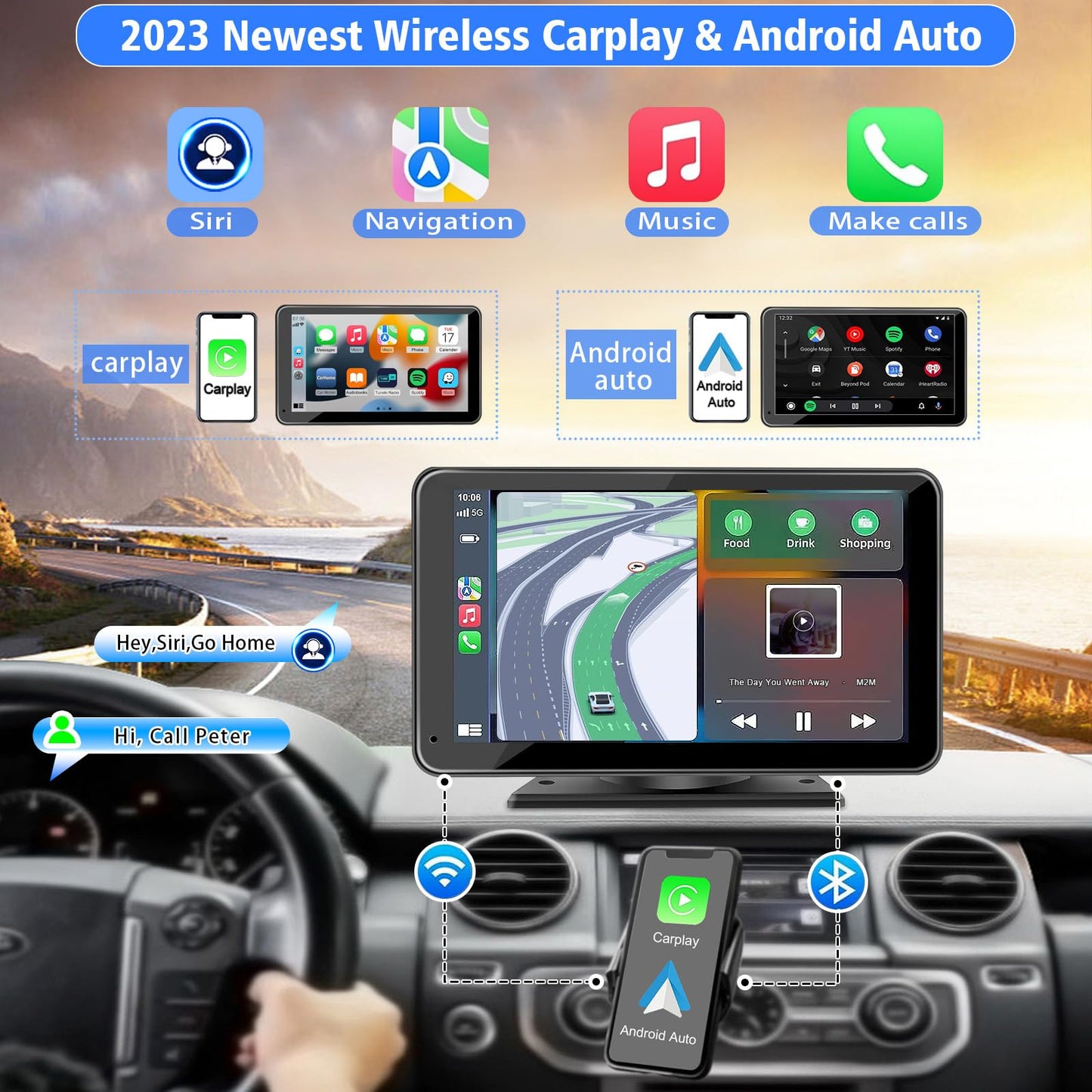 7" Wireless Apple CarPlay Android Auto Screen with Backup Camera, Bluetooth, FM Transmitter Mirror Link for All Vehicles