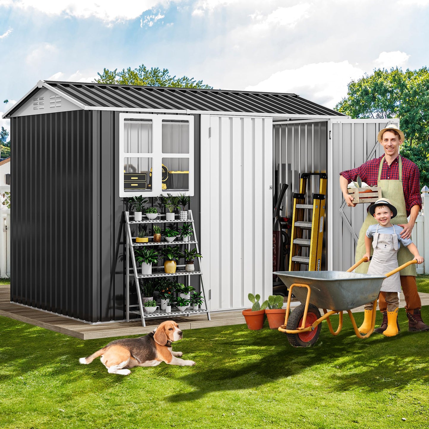 8' x 6' Outdoor Storage Shed | Waterproof Metal Shed with Lockable Doors & Windows